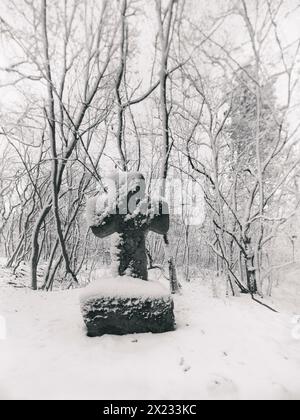 Medieval stone cross in a snow-covered forest in winter, murder cross, atonement cross, Freyburg (Unstrut), Saxony-Anhalt, Germany Stock Photo