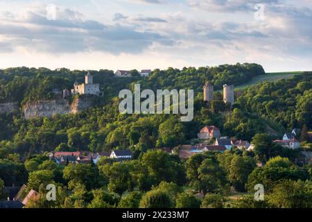 View of Rudelsburg castle ruins, Saaleck castle and Kreipitzsch manor, in the Saale valley, near Bad Koesen, Saxony-Anhalt, Germany Stock Photo