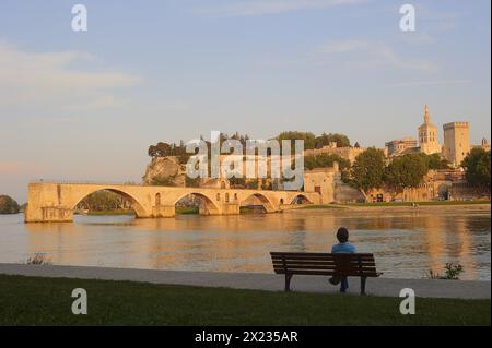 Woman on a park bench on the banks of the Rhone, Pont Saint Benezet bridge, Papal Palace and Notre-Dame des Doms Cathedral, Avignon, Vaucluse Stock Photo