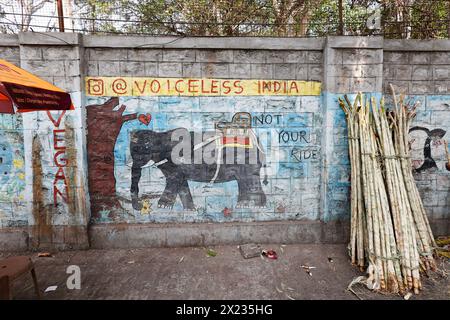 Animal rights protest mural on a wall in Bangalore,Bengaluru, Karnataka, India. Stock Photo