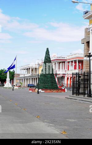 Granada, Nicaragua, Christmas tree in a public plaza with classical buildings and blue sky, Central America, Central America - Stock Photo