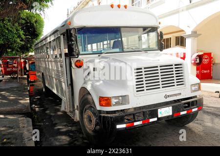 Leon, Nicaragua, White school bus parked on the roadside under trees in an urban area, Central America, Central America Stock Photo