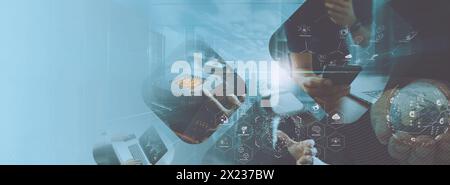 Communication network technology powered by AI concept, Business People using connective device to connect to the secured internet network and cloud c Stock Photo
