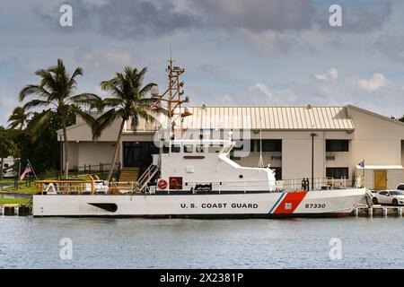 Fort Lauderdale, Florida, USA - 3 December 2023: Fast patrol boat of the US Coast Guard moored at its harbour base in Fort Lauderdale Stock Photo