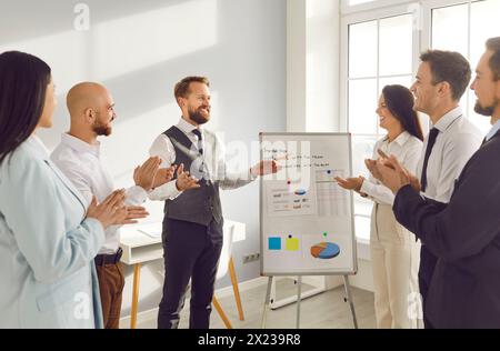 Office presentation, businessman presenting new project, result to business partners  Stock Photo