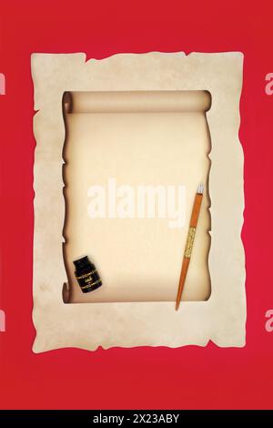 Old fashioned writing stationery equipment with brass wood pen, parchment paper scroll, ink bottle on red background. Stock Photo