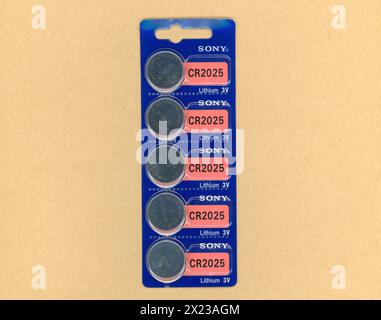 TOKYO, JAPAN - APRIL 16, 2024: Sony 3V Lithium Battery CR2025 Stock Photo