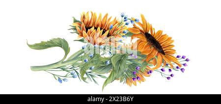 Meadow wildflower bouquet. Yellow orange summer flowers on stem with leaves. Sunflowers and field blooming plants lying horizontally. Stock Photo