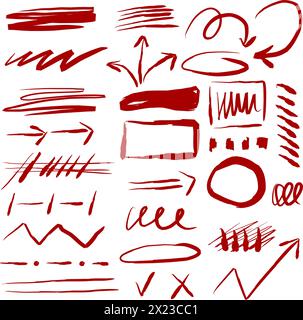 A group of brush-drawn arrows and frames and lines. Hand drawn red symbols for hand drawn diagrams. Vector drawing with marker. Lots of curved arrows. Stock Vector