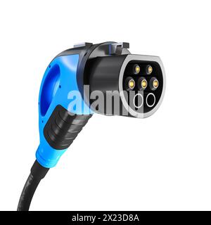 Close-up of a blue ev charger connector with a black cable on a white background Stock Photo