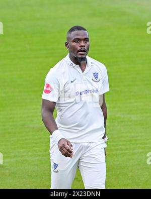 Hove UK 19th April 2024 - Sussex bowler Jayden Seales against Gloucestershire during the Vitality County Championship League Two cricket match at the 1st Central County Ground in Hove : Credit Simon Dack /TPI/ Alamy Live News Stock Photo