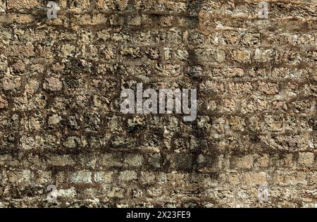 Stone texture of a wall in Montenegro. Ancient wall composed of brown coloured stones. Wet sweat from water is covered with mould. Background. Templat Stock Photo