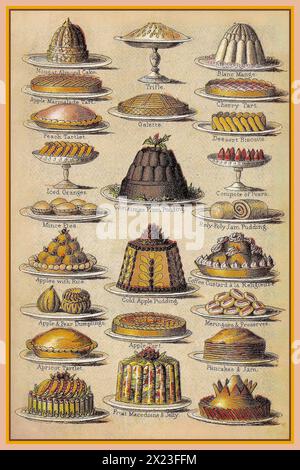 Vintage MRS BEETONS CHRISTMAS FOOD ILLUSTRATION Lithograph colour page from Mrs Beetons Cookery Book illustrating wide variety of Christmas party English Victorian Puddings including Christmas Plum Pudding Stock Photo