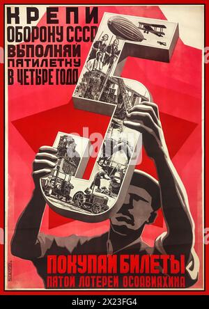 Vintage 1930s Russian Propaganda Poster 'Strengthen the defence of the USSR, fulfil the 5 year plan in 4 years'  Artist Dlugach Socialist economics Strengthening the defence of Socialism Soviet aviation and airships. soviet political poster Moscow Soviet Union1922-1930 Stock Photo