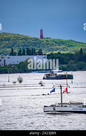 Frachtschiffe auf dem Rhein bei Duisburg, im Hintergrund die Halde Rheinpreußen in Moers, mit dem Geleucht, ein Aussichtsturm in Form einer Grubenlampe, NRW, Deutschland, Schiffsverkehr Rhein *** Cargo ships on the Rhine near Duisburg, in the background the Rheinpreußen spoil tip in Moers, with the Geleucht, an observation tower in the shape of a miners lamp, NRW, Germany, Rhine shipping traffic Stock Photo