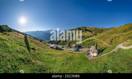 Panorama of the Zillertaler Höhenstraße with Zellbergkapelle and Hirschbichlalm, Zillertaler Höhenstraße, Tux Alps, Zillertal, Tyrol, Austria Stock Photo