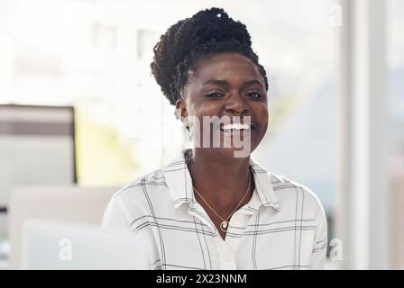 Portrait, smile and creative african woman worker in office happy with New York affirmative action. Professional, startup business and company Stock Photo