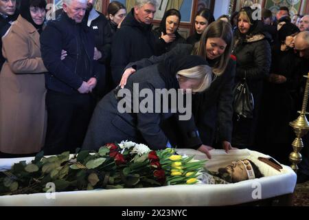 KYIV, UKRAINE - APRIL 19, 2024 - People pay their last respects to Sergeant of the 59th Brigade Pavlo Petrychenko who perished while defending Ukraine from Russian troops during the memorial service at St Michael’s Golden-Domed Cathedral, Kyiv, capital of Ukraine. Ukrainian serviceman and activist Pavlo Petrychenko was a sergeant in the 59th Separate Motorized Infantry Brigade and the author of the petition that urged to limit online casinos for military personnel during martial law, which garnered the 25,000 votes needed to be considered by the President within hours of its publication. News Stock Photo