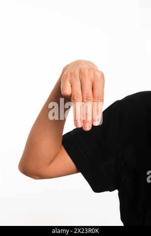 Close-up of a hand making the letter M in Brazilian sign language for the deaf, Libras. Isolated on white background. Stock Photo