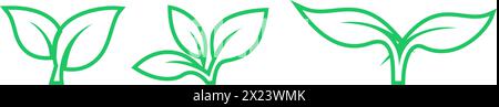 Set of linear green leaf icons as an ecology and environmental preservation symbols Stock Vector