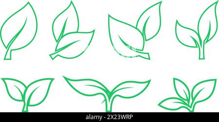 Set of linear green leaves icons as a symbols of environmental conservation principle Stock Vector