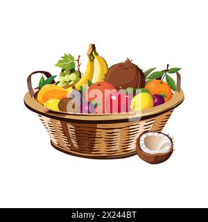 Wicker basket full of juicy and tropical fruit isolated on white background. Vector illustration in flat style. Summer clipart for design of card, ban Stock Vector