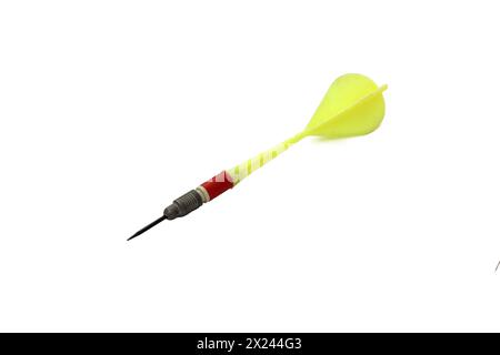 Yellow dart stuck with plastic feathers isolated on white background. Stock Photo