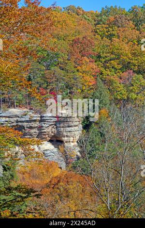 Fall Colors Surround a Rocky Ridge in Hocking Hills State Park in Ohio Stock Photo