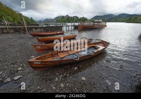 Keswick landing Derwent water Lake District Cambria EnglandTraditional wooden row boats at Keswick Landing, Lake District National Park, Stock Photo