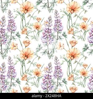 Floral seamless pattern. Watercolor flowers with leaves on white ...