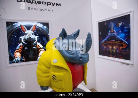 Moscow, Russia. 19th of April, 2024. Paintings generated by the Shedevrum AI app of Yandex IT company are on display at the territory of the Yandex stand at the VDNKh exhibition complex in Moscow, Russia Stock Photo