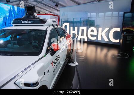 Moscow, Russia. 19th of April, 2024. A self-driving car of the Yandex company is on display iduring the Russia Expo international exhibition and forum at the VDNKh exhibition centre in Moscow, Russia Stock Photo