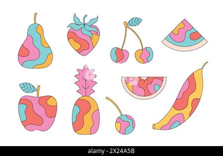 Groovy bright cartoon hippie patterned fruits. Hippie 60s, 70s style strawberry, pear, apple, pineapple, cherry, citrus, banana. Stock Vector