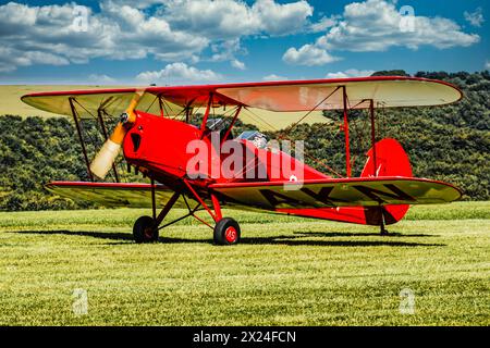 A bright Red 1930s de Havilland Tiger Moth on the grass runway Stock Photo