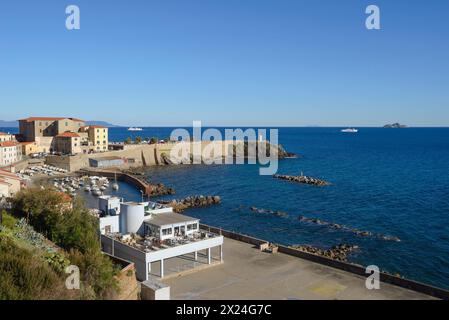 The marina of Piombino, Tarsinata (protected pier) and Piazza Bovio Piombino, Tuscany, Italy Stock Photo