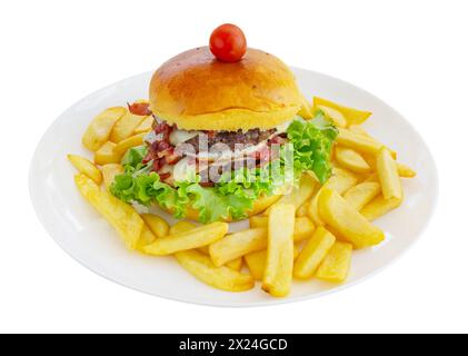 Double classic hamburger of beef meat fried sausage lettuce leaves fried fries. Isolated on a white background. Stock Photo