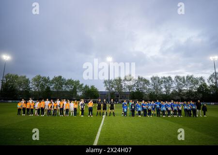 Gent, Belgium. 19th Apr, 2024. RSCA's players and Gent's players pictured at the start of a soccer game between KAA Gent Ladies and RSCA Women, Friday 19 April 2024 at the Chillax Arena in Gent, on day 5 of the play-off group A of the Super League women's competition. BELGA PHOTO JASPER JACOBS Credit: Belga News Agency/Alamy Live News Stock Photo