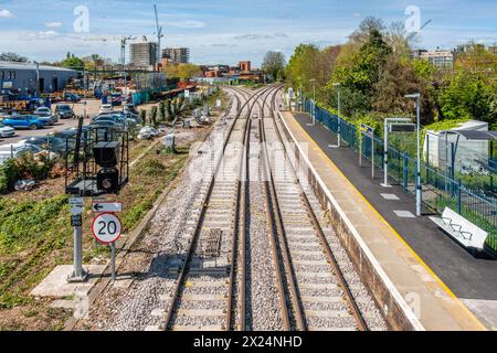 Tracks leading out of the railway station at Staines-upon-Thames in Surrey, UK Stock Photo