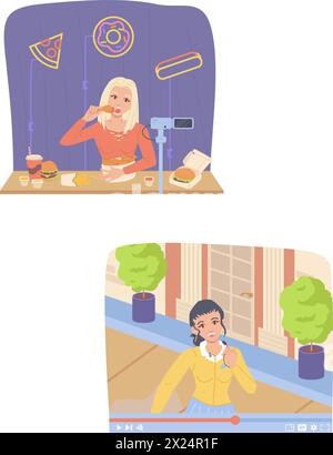 Girl vlogger streaming from the street. Stock vector illustration in flat cartoon style. Stock Vector
