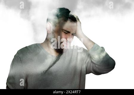 Headache. Double exposure of man and tornado on white background Stock Photo