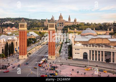 Aerial view of Montjuic hill and Placa Espanya in Barcelona, Spain. Stock Photo