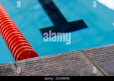 A row of orange markers separates swimming lanes in an indoor pool, copy space Stock Photo