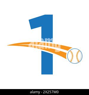 Baseball Logo On Letter 1 Concept With Moving Baseball Symbol. Baseball Sign Stock Vector