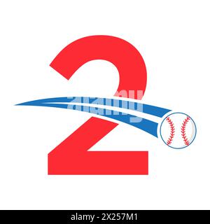 Baseball Logo On Letter 2 Concept With Moving Baseball Symbol. Baseball Sign Stock Vector