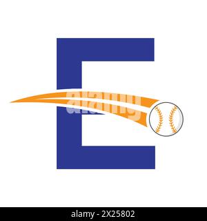 Baseball Logo On Letter E Concept With Moving Baseball Symbol. Baseball Sign Stock Vector