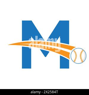 Baseball Logo On Letter M Concept With Moving Baseball Symbol. Baseball Sign Stock Vector