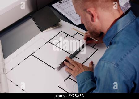 Architect Engineer Drawing Architectural Construction Plan In Office Stock Photo