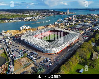 General aerial view of St Mary’s stadium at Southampton in Hampshire, UK home of English Premier League football team Southampton FC. Stock Photo