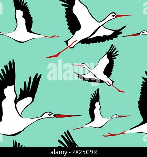 Seamless pattern with flying birds. Crane. Heron. Japanese pattern. Ornament with oriental motifs. Not AI, Vector illustration Stock Vector