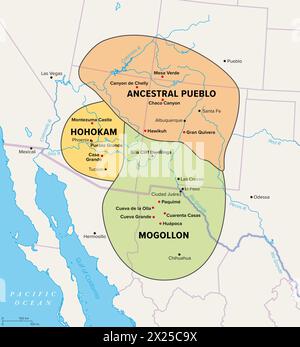 Oasisamerica, a cultural region of Indigenous peoples in North America. Political map showing the extent of three major cultures. Stock Photo